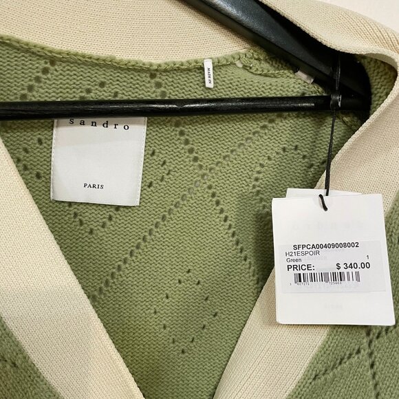 New Sandro Espoir 100% Wool Perforated Logo Sweater Vest Green Ecru Small $340 - Picture 7 of 9